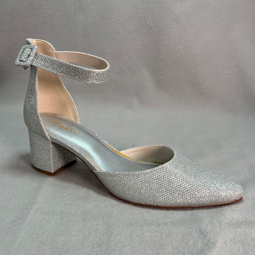 Aukis Block Heel Pumps Silver Glitter Ankle Strap Pointed Toe Formal Size 9